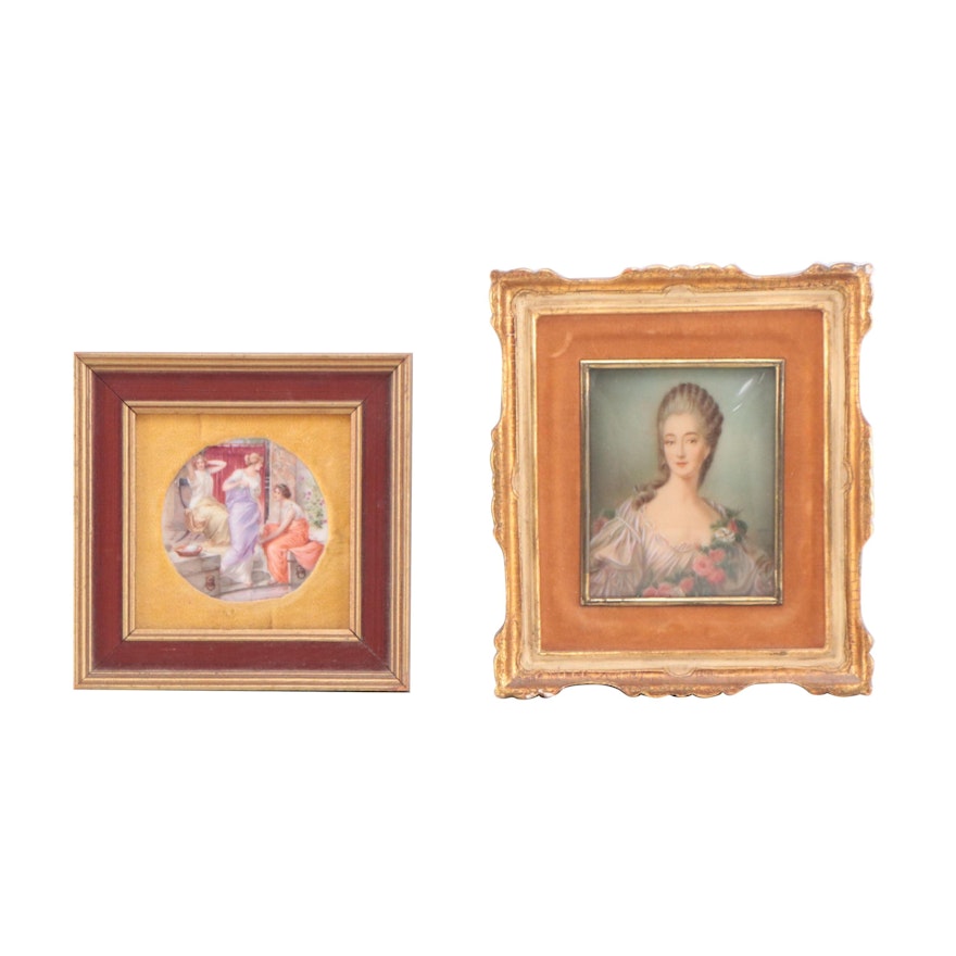 Hand-Painted and Chromolithograph Porcelain Portrait and Academic Scene