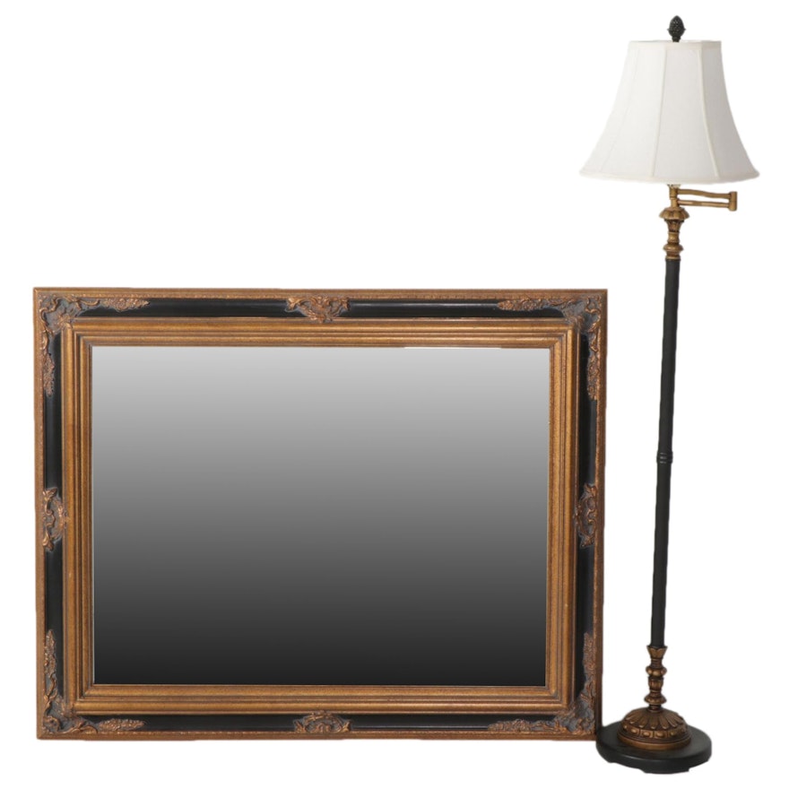 Mexican Black and Bronzed Gilt Finish Wall Mirror with Metal Floor Lamp