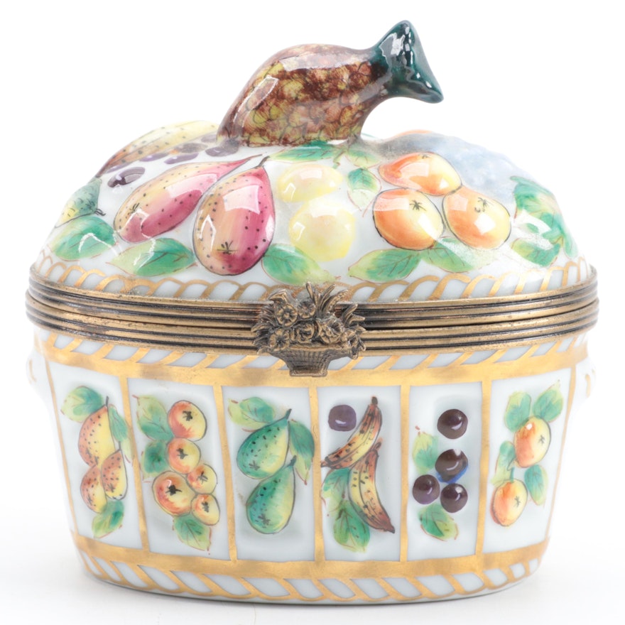 Limoges France Hand Painted Porcelain Fruit Basket Motif Hinged Trinket Box
