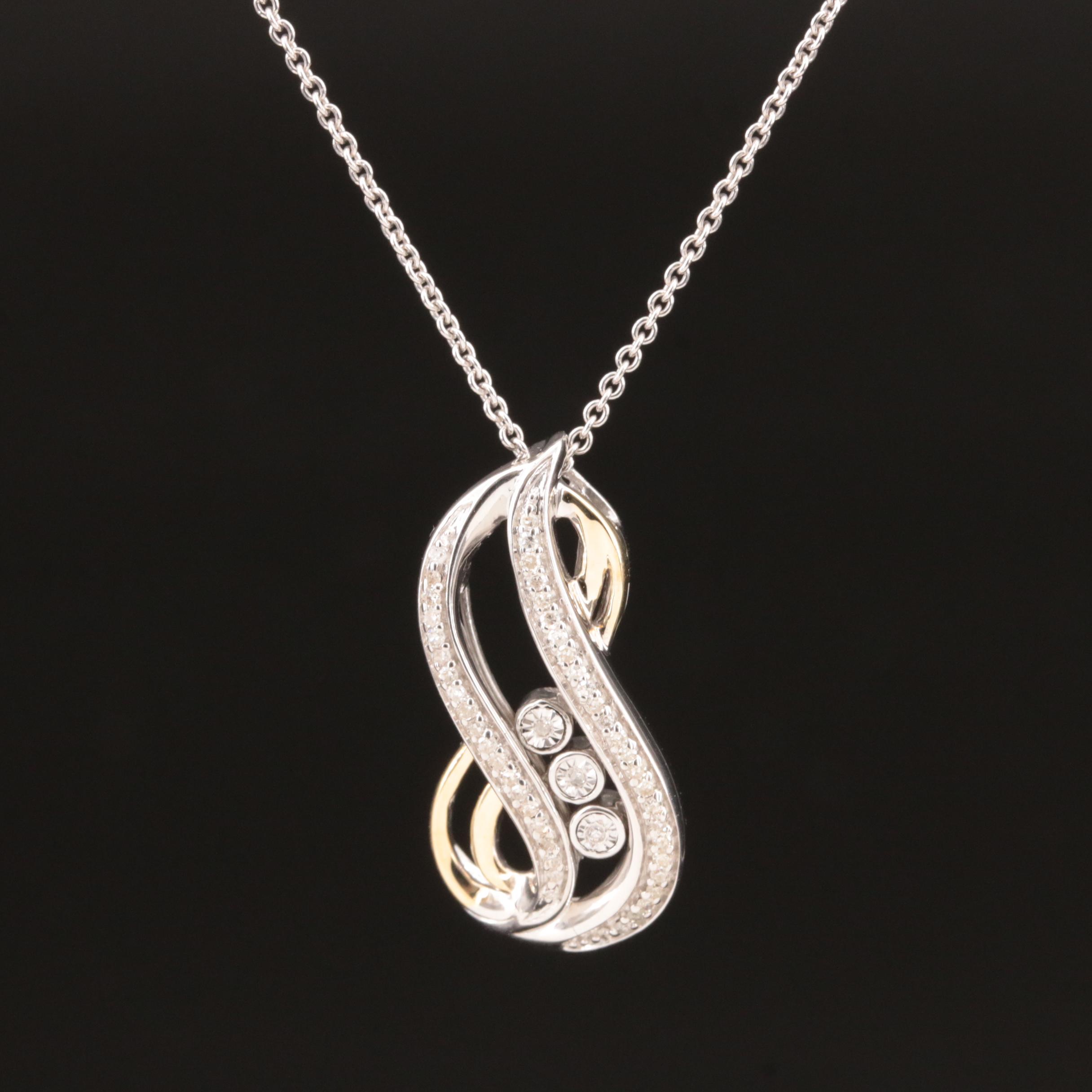 Sterling Sliding Diamond Pendant Necklace with 10K Accent EBTH