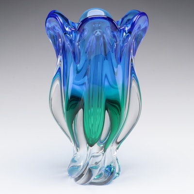 Bohemian Sculptural Cobalt and Green Glass Vase, Attributed to Egermann