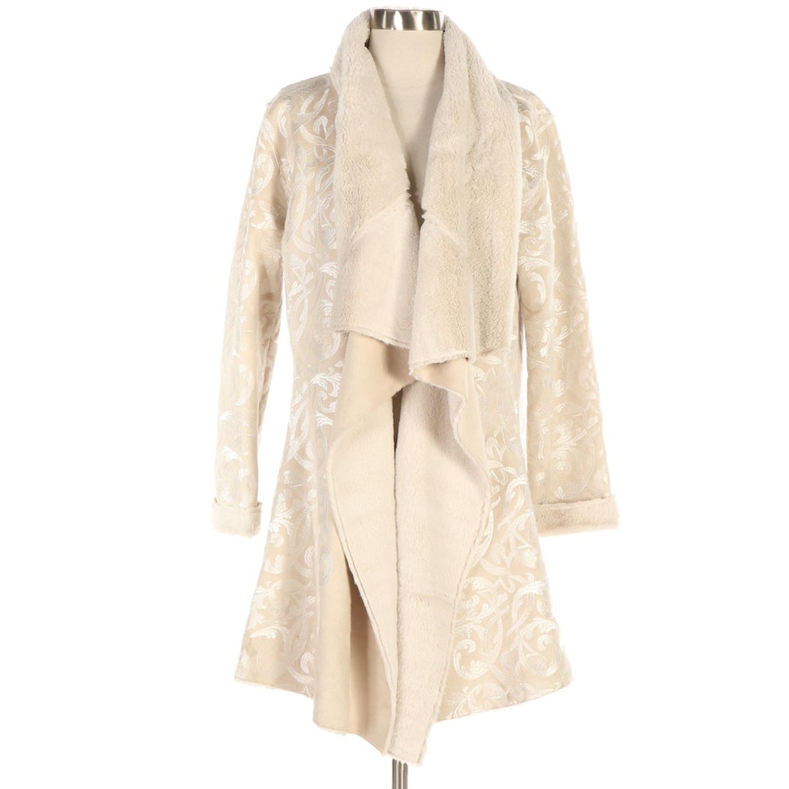Biya Floral Embroidered Faux Shearling Drape Front Coat