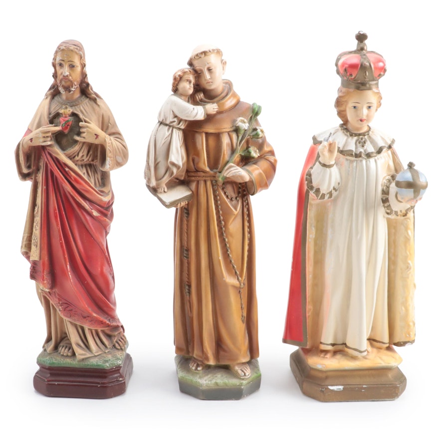 Painted Plaster Figures of Anthony of Padua, Infant of Prague and Sacred Heart