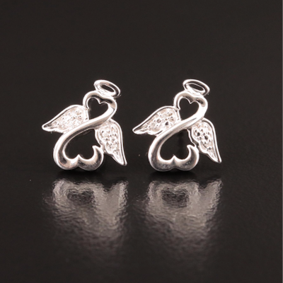 Sterling Diamond Double Heart with Wings Earrings