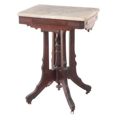Victorian Walnut, Burl Walnut, and White Marble Side Table, Late 19th Century