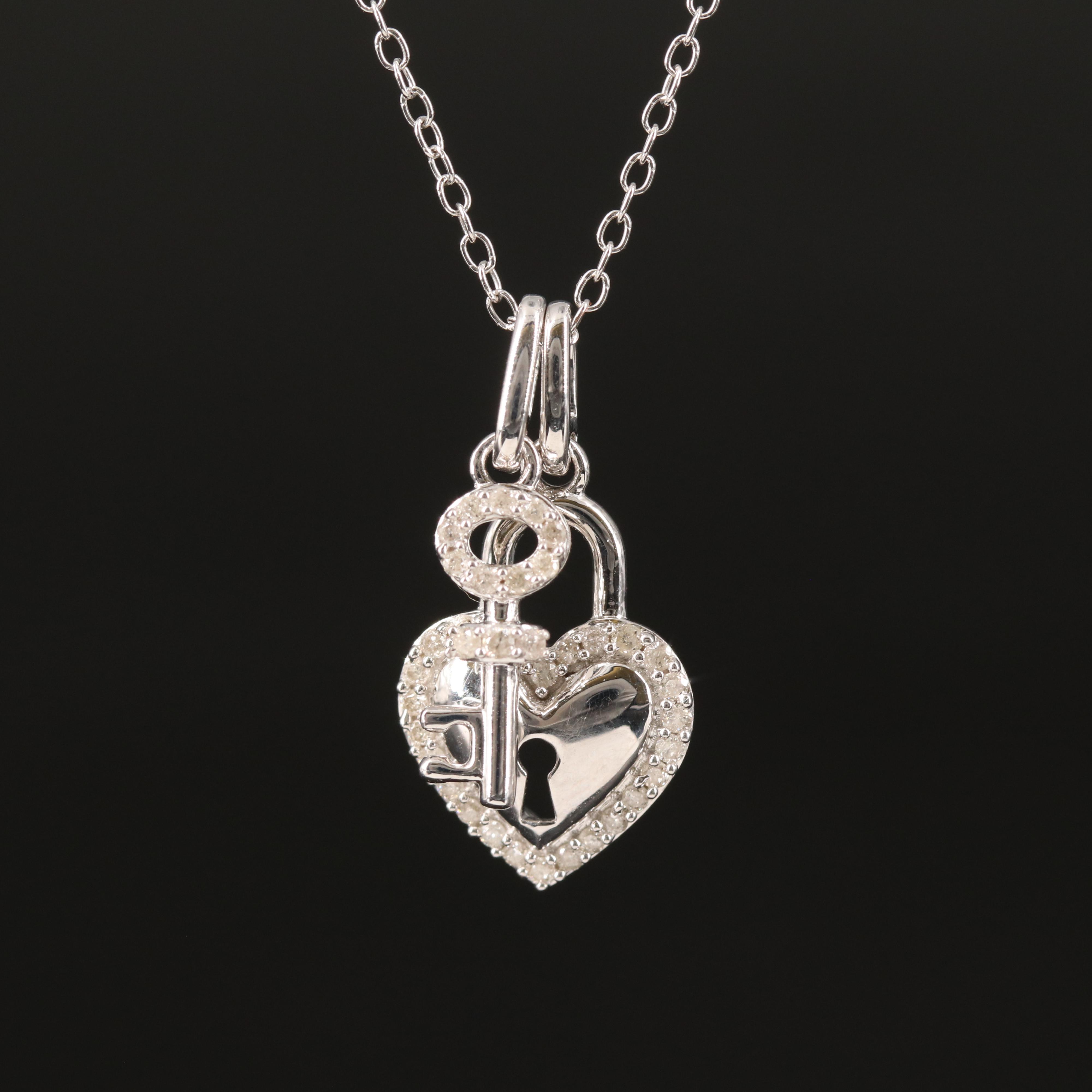 Sterling Diamond Heart Lock and Key Necklace EBTH