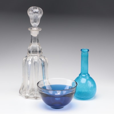 Orrefors "Neptunus" Bowl with Blown Glass Decanter and Crackle Bud Vase