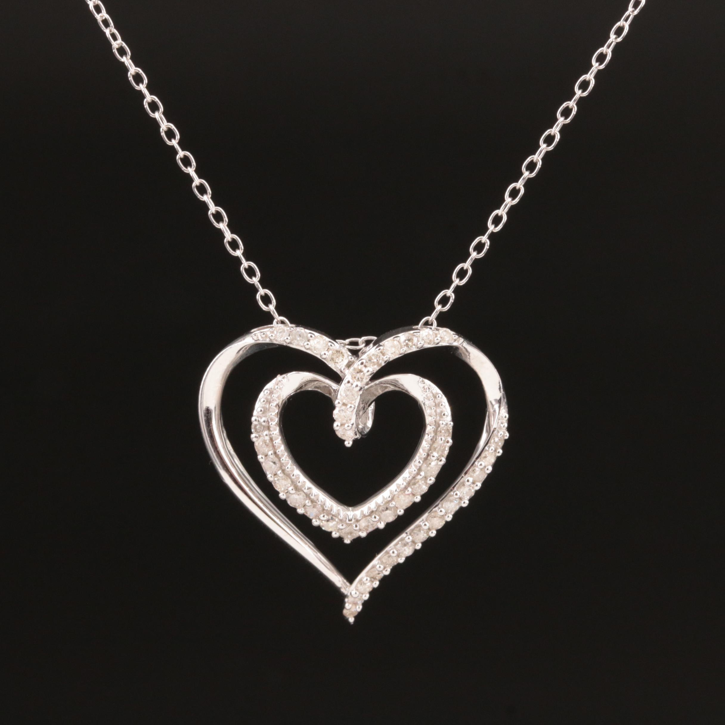 Sterling Double Heart Pendant Necklace EBTH