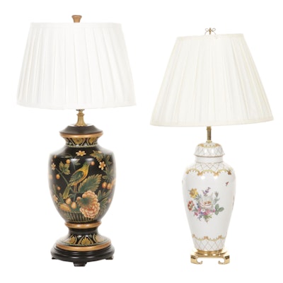 Berman Co. Porcelain and Brass With Hand-Decorated Wood Urn Table Lamps