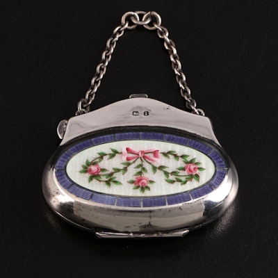 English Sterling Silver and Guilloché Enamel Chatelaine Coin Pouch, c. 1910