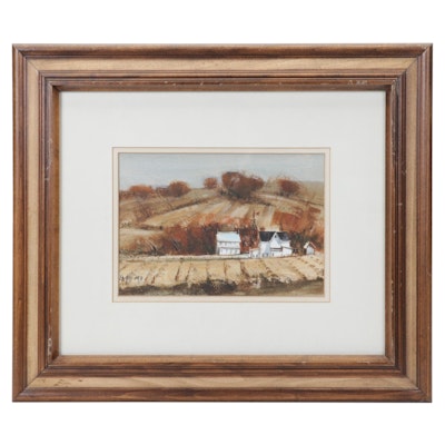 Ed Gifford Watercolor Painting of Farmhouse and Fields, Late 20th Century