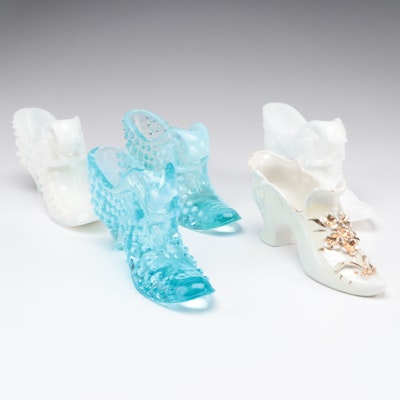 Fenton Hobnail Blue with Other Glass and Porcelain Shoe Figurines