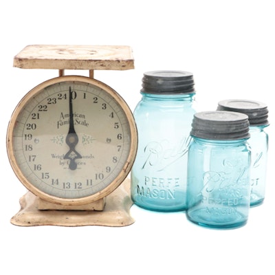 American Family Kitchen Scale and Blue Ball Mason Jars, Early to Mid 20th C.
