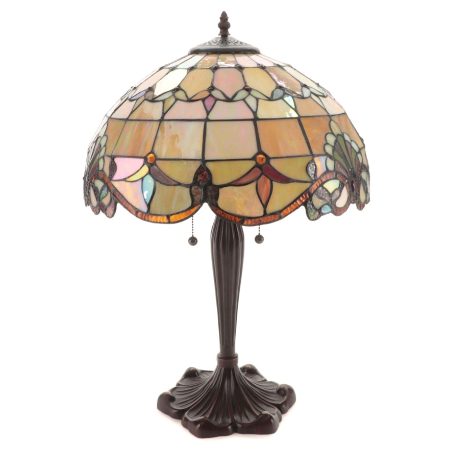 Art Nouveau Style Patinated Resin Table Lamp with Iridescent Slag Glass Shade