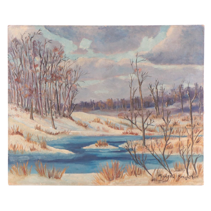 Mildred Singleton Winter Landscape Oil Painting, Late 20th Century