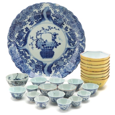 Japanese Porcelain Katagami Charger with Other Bowls