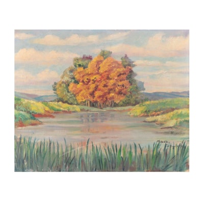 Mildred Singleton Landscape Oil Painting of Lake and Distant Trees