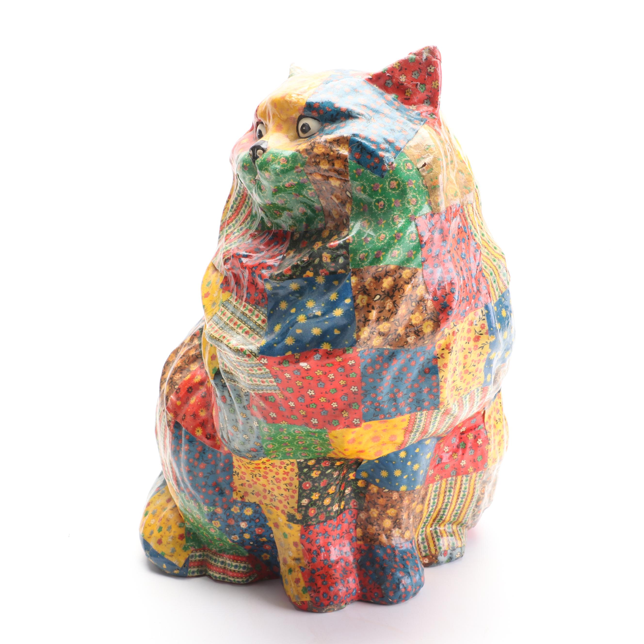 Patchwork Quilt Fabric PapierMâché Cat Figurine EBTH
