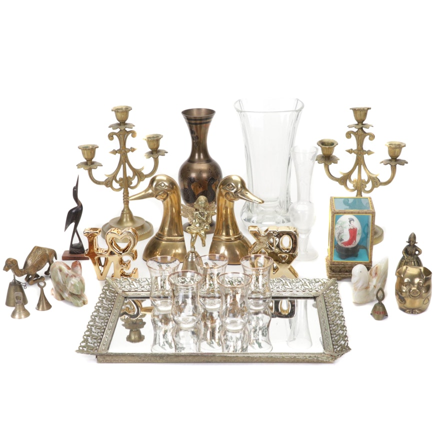 Mirrored Tray, Glass Vases, Brass Duck Bookends, Bells, and More