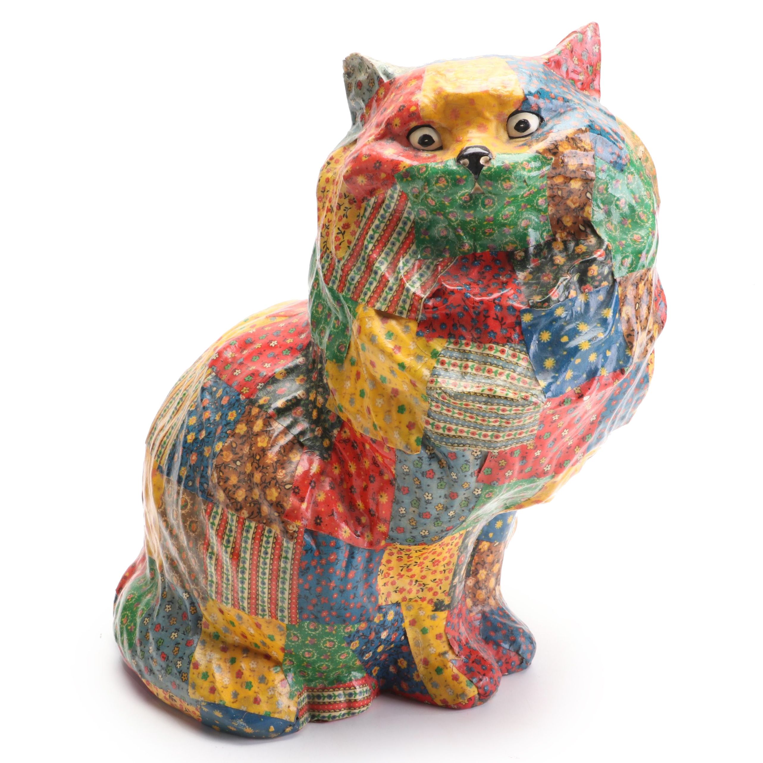 Patchwork Quilt Fabric PapierMâché Cat Figurine EBTH