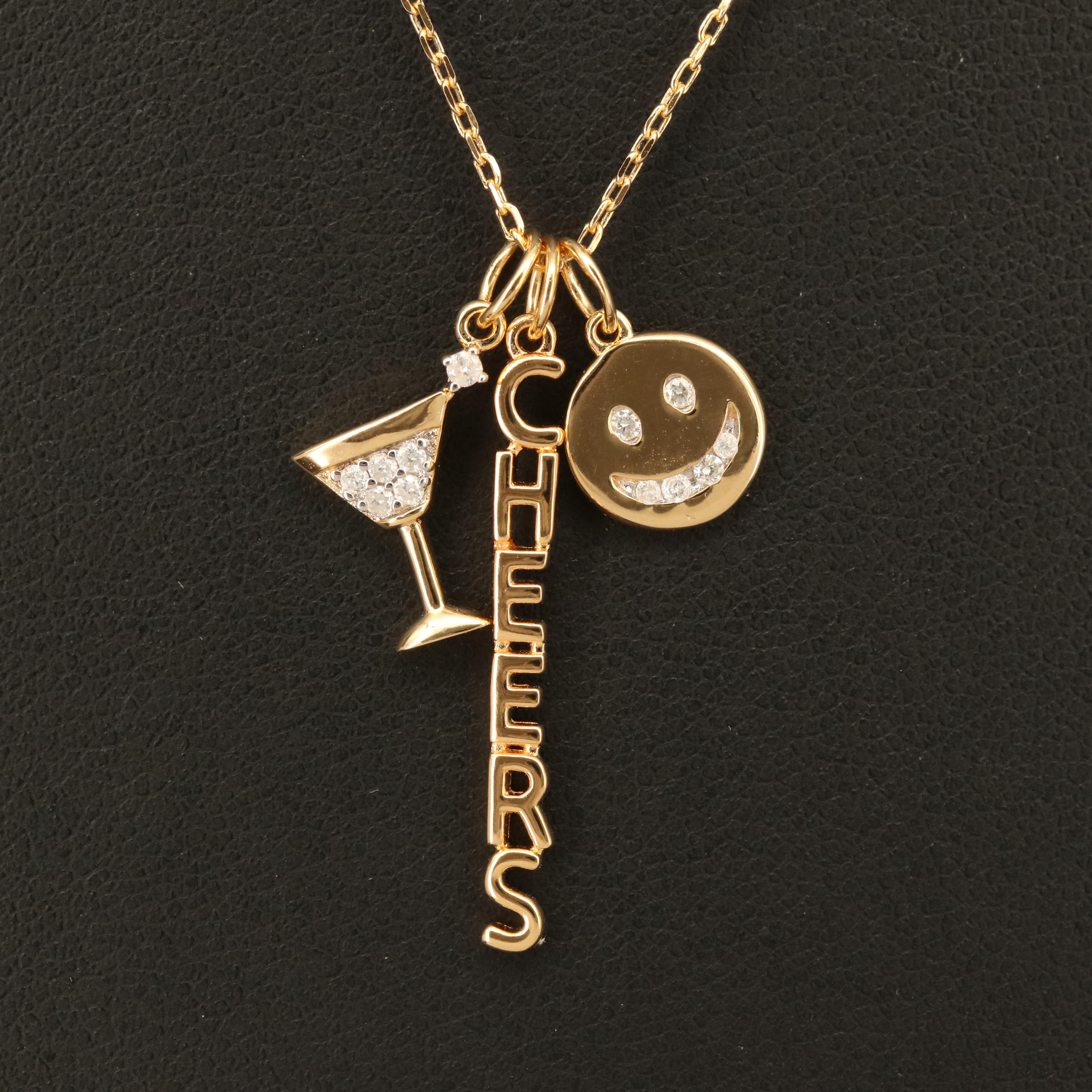 Sterling Diamond Cheers, Martini and Smile Face Pendant Necklace EBTH