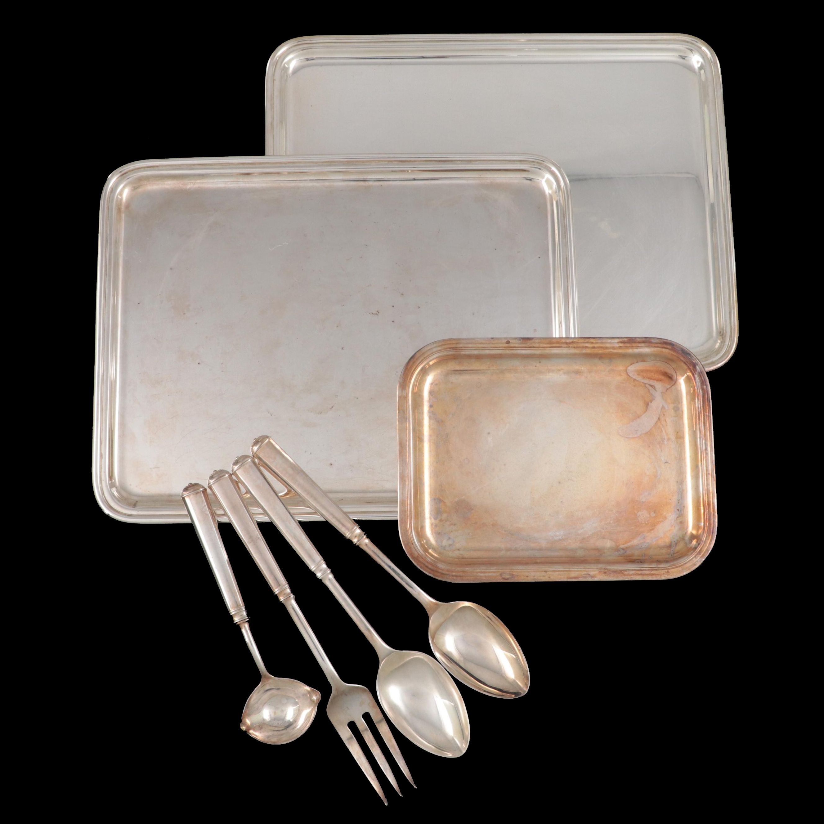 Christofle and Ercuis Rectangular Silver Plate Trays with Serving