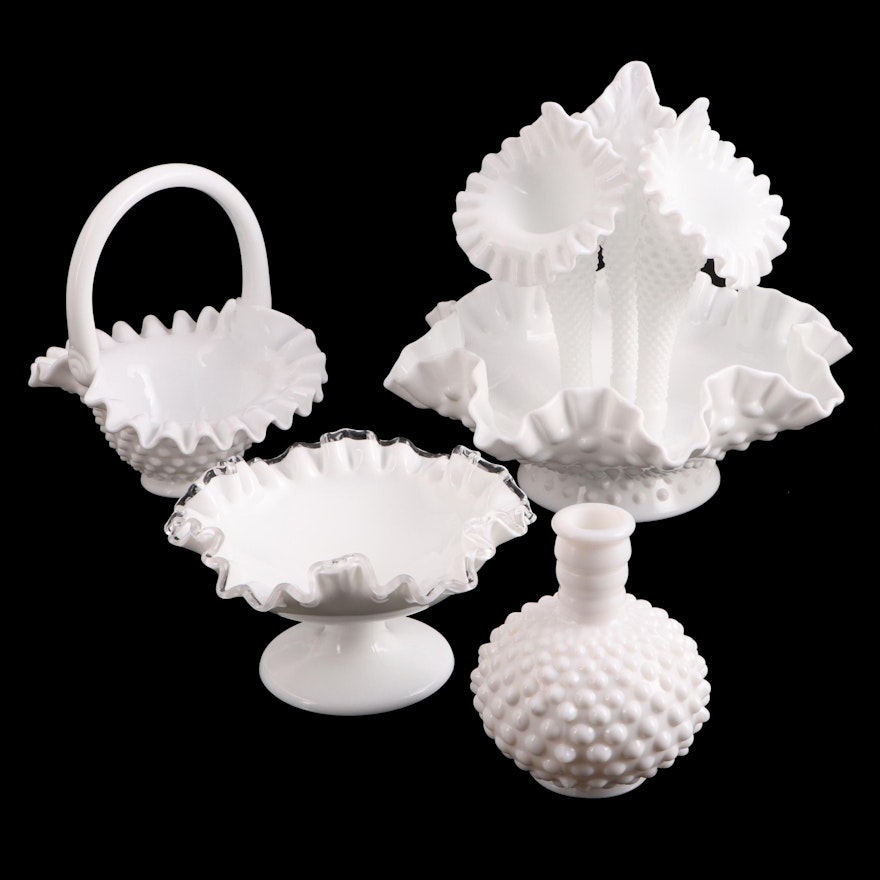 Fenton and Other Hobnail Milk Glass Bowls, Epergne and Vase