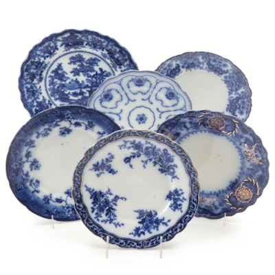 Adams and Other English Flow Blue Ironstone Plates, Late 19th/ Early 20th C.