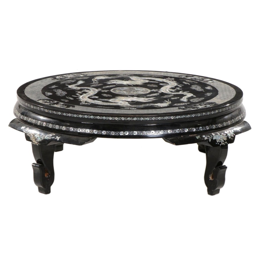 Chinese Black Lacquered Coffee Table with Mother of Pearl Inlay