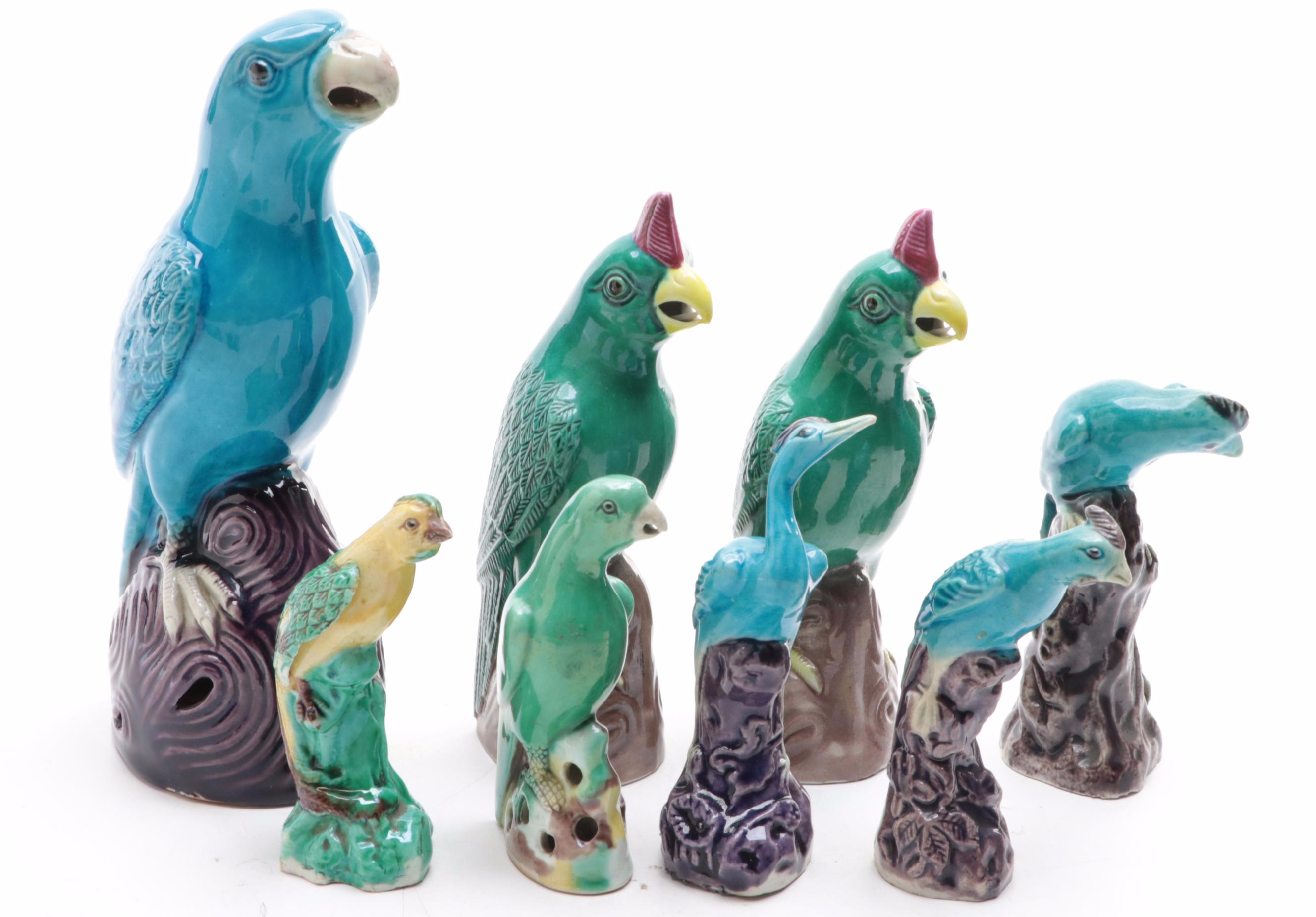 Chinese Export Glazed Ceramic Parakeets and Other Birds, Mid-20th