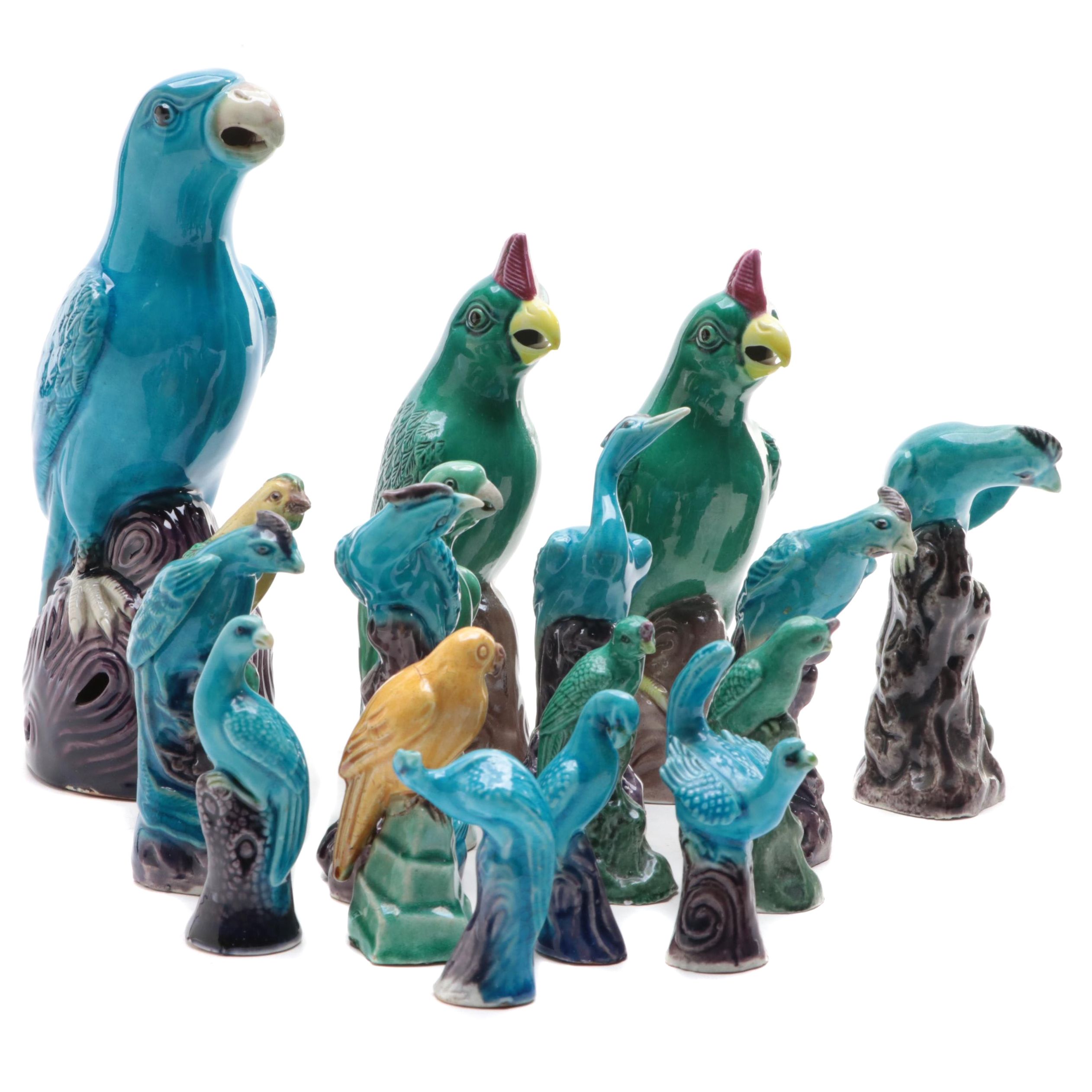 Chinese Export Glazed Ceramic Parakeets and Other Birds, Mid-20th