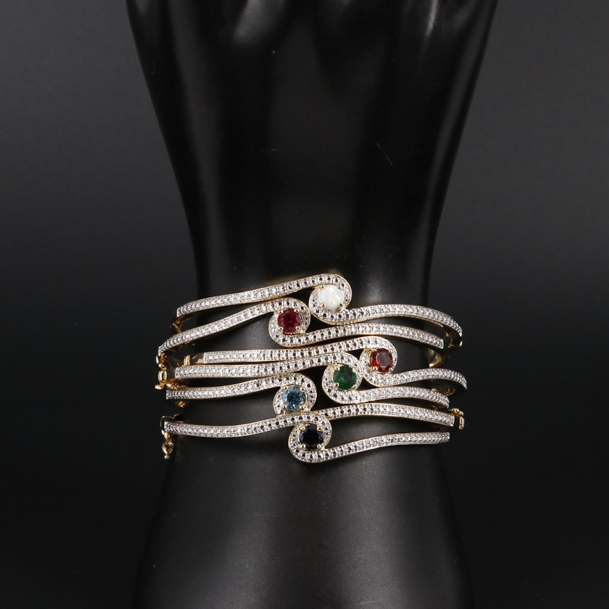Bracelet Set Of 6 Featuring Garnet Opal Topaz Ruby And Sapphire | Ebth