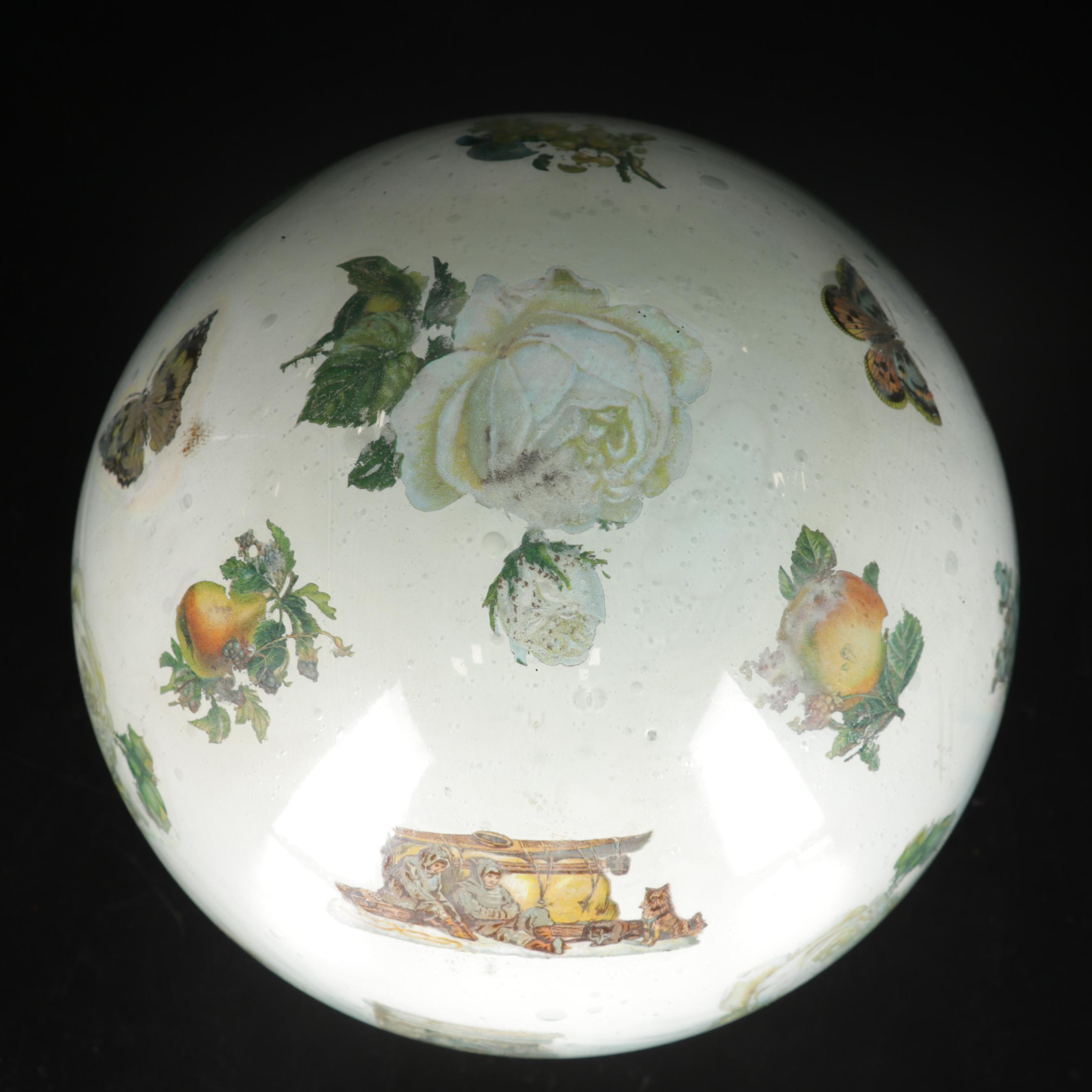 Victorian Potichomania Blown Glass Gazing Ball, Mid to Late 19th