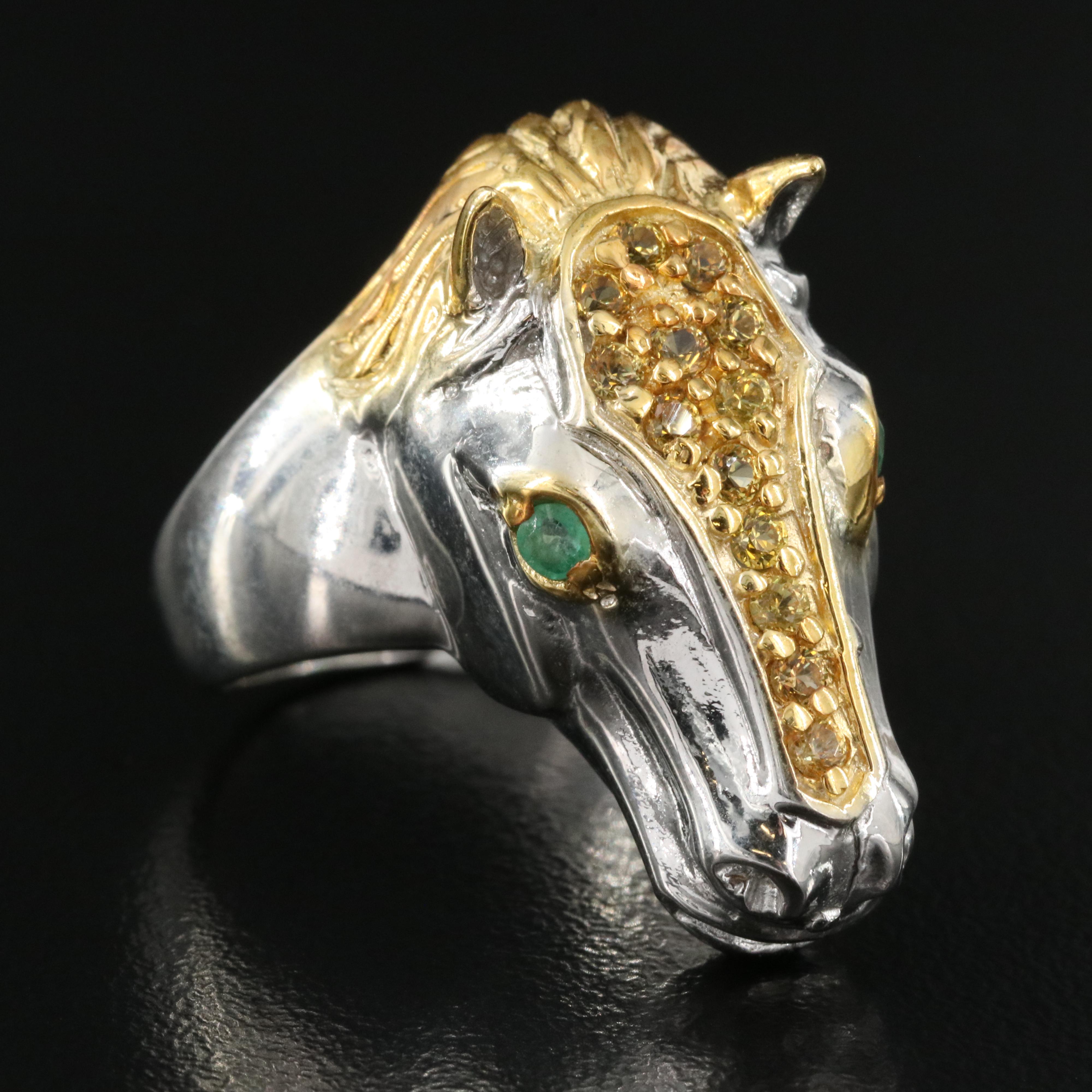Sterling Emerald and Sapphire Horse Head Ring EBTH
