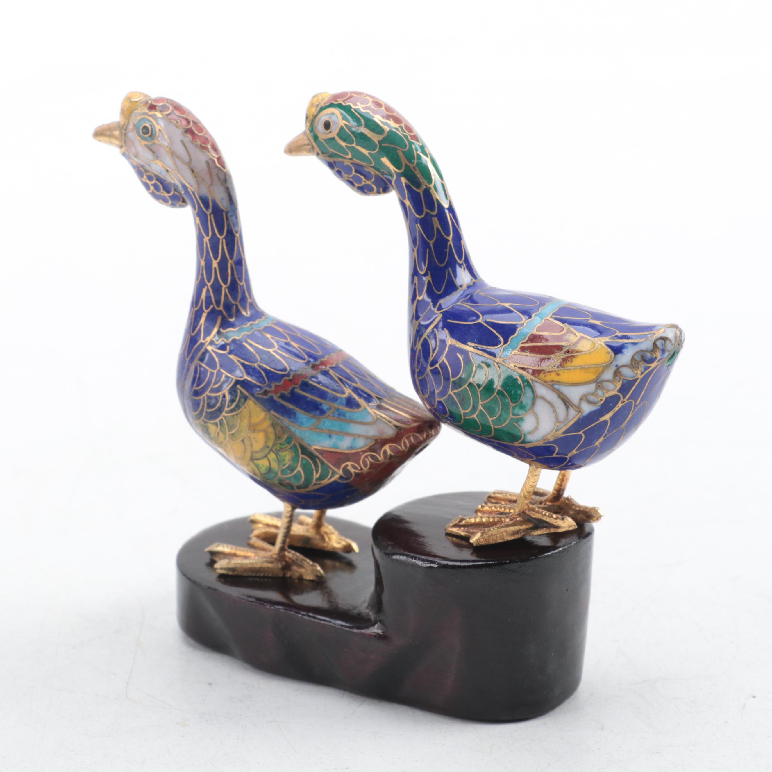 Pair of Chinese Style Cloisonné Goose Figurines on Wooden Stand EBTH