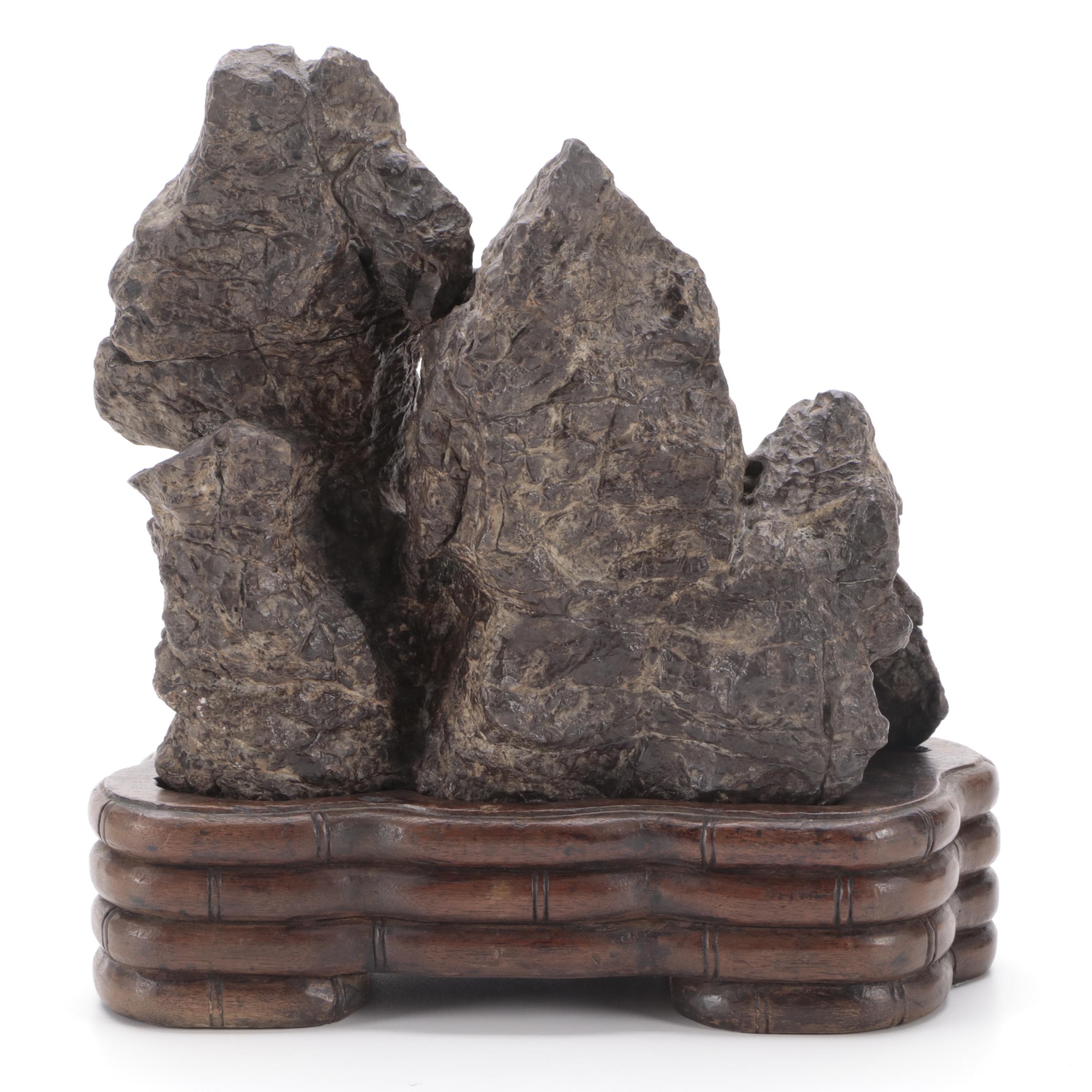 Chinese Gongshi Scholar Stone on Carved Wood Base, Antique EBTH