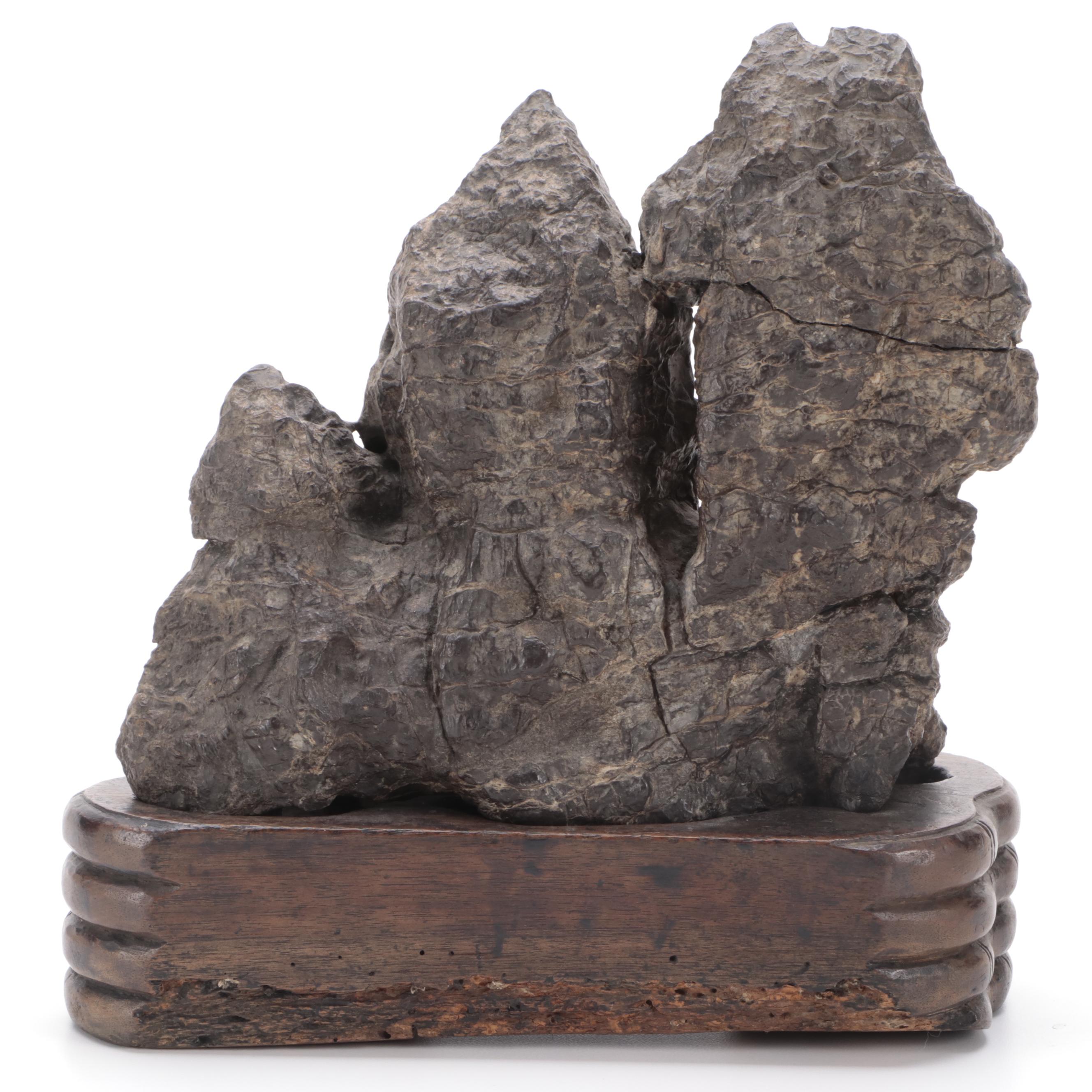 Chinese Gongshi Scholar Stone on Carved Wood Base, Antique EBTH