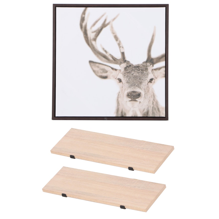Threshold Reindeer Giclée Print with Pair of Light Wood Finish Bracket Shelves