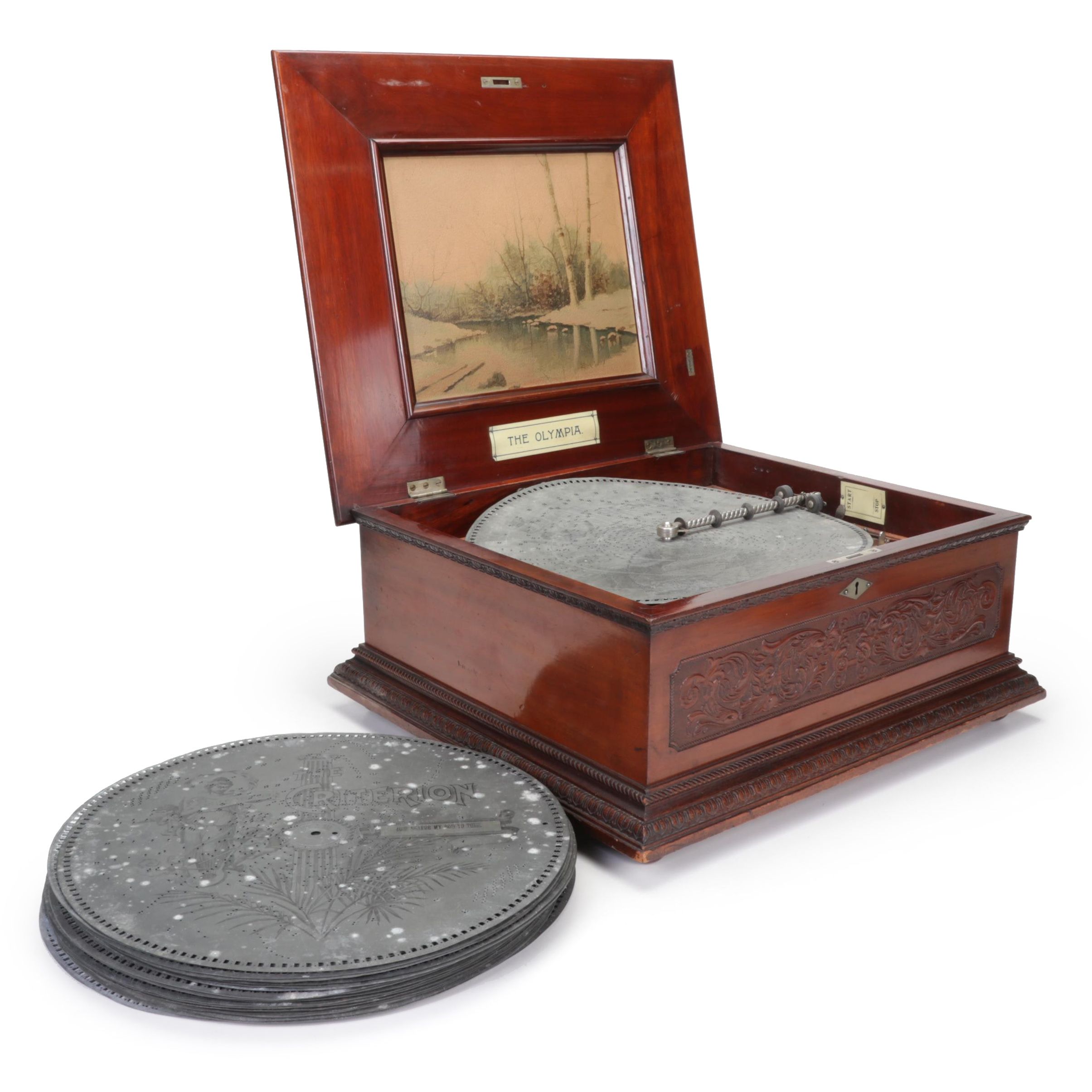 Olympia Carved Mahogany Disc Music Box and Discs, Late 19th/Early 20th