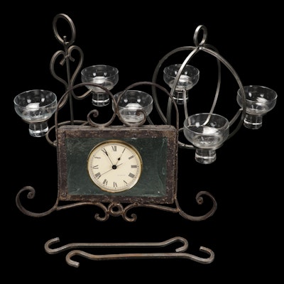 Iron and Glass Scroll Desk Clock With Hanging Iron Votive Candle Holders