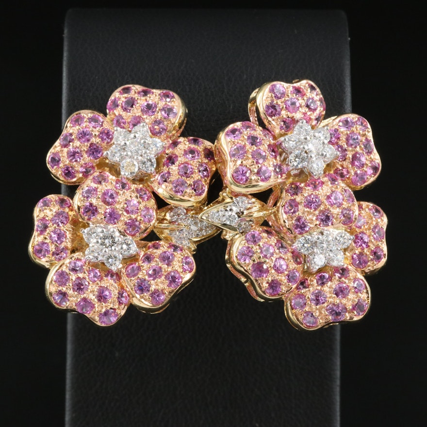 18K 1.10 CTW Diamond and Pink Sapphire Dogwood Blossom Earrings