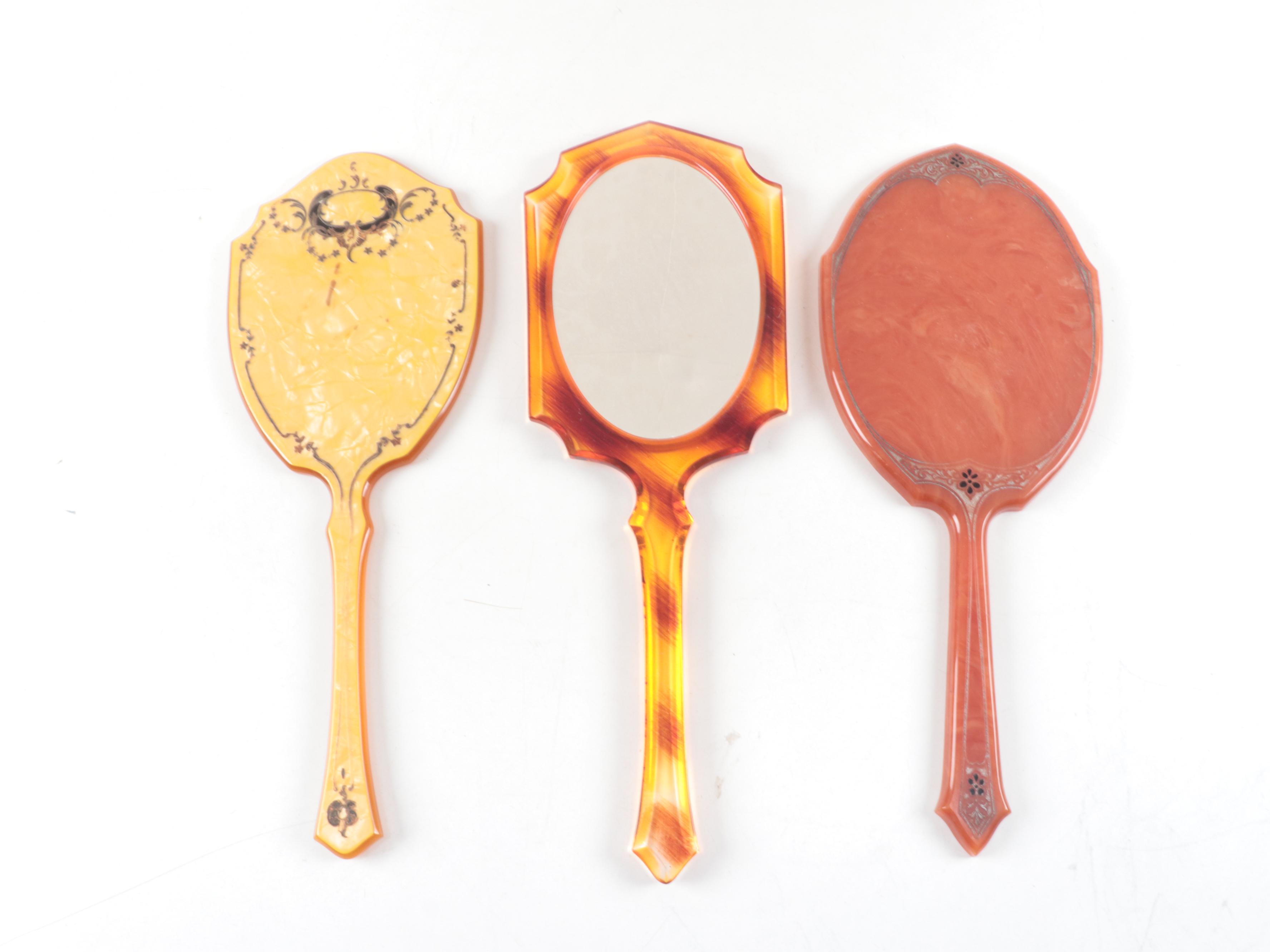 Art Deco Style Celluloid and Bakelite Hand Mirrors and Clothes Brushes