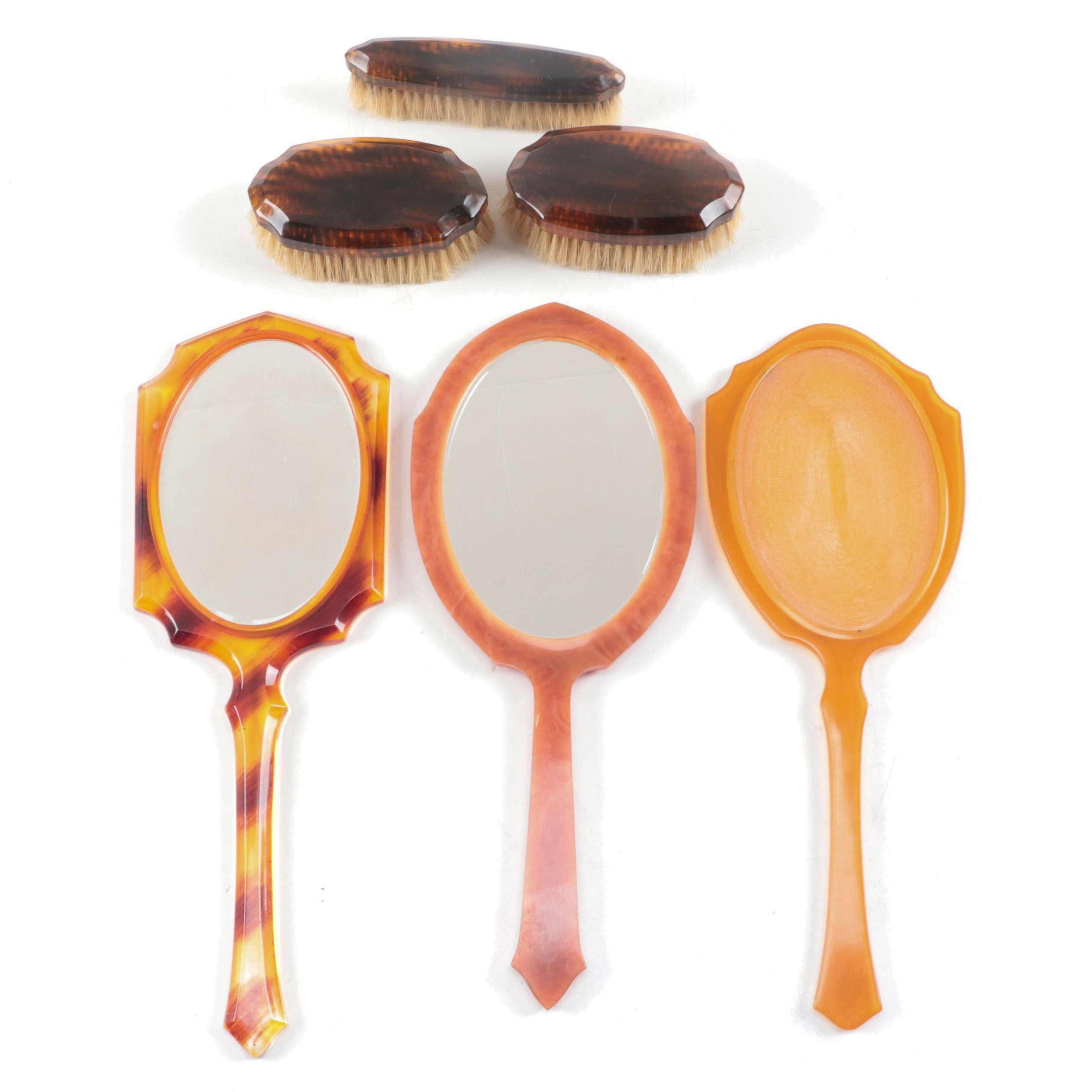 Art Deco Style Celluloid and Bakelite Hand Mirrors and Clothes Brushes