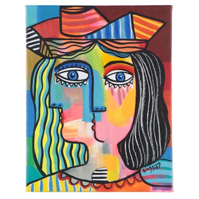 Michel Blázquez Acrylic Painting "Woman with Hat II," 2023
