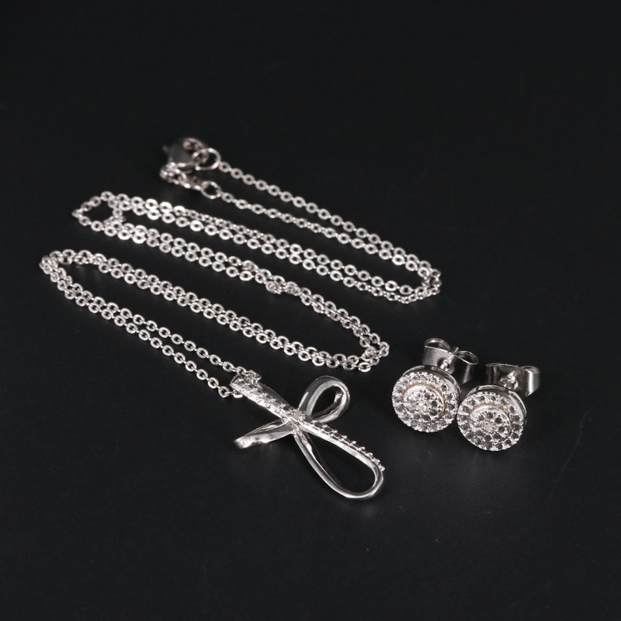 Diamond Cluster Stud Earrings and Cross Pendant Necklace Set