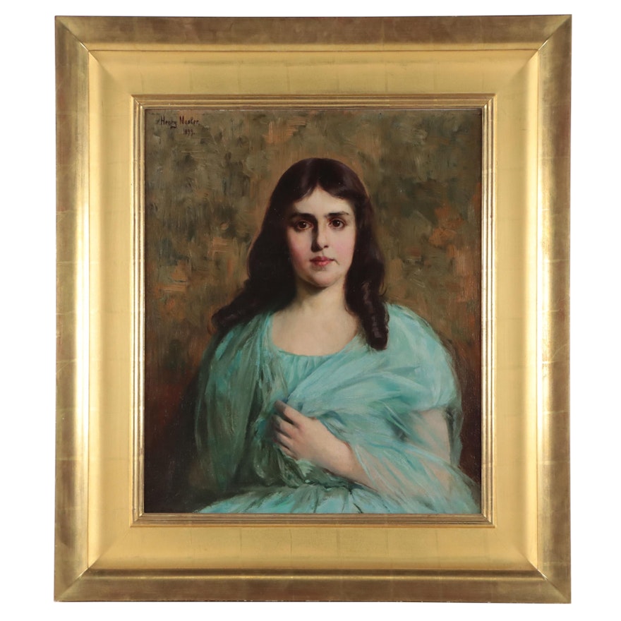Henry Mosler Portrait Oil Painting "A Beautiful Debutante in Blue Silk Dress"