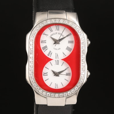 Philip Stein Teslar Dual Time Diamond Bezel Wristwatch