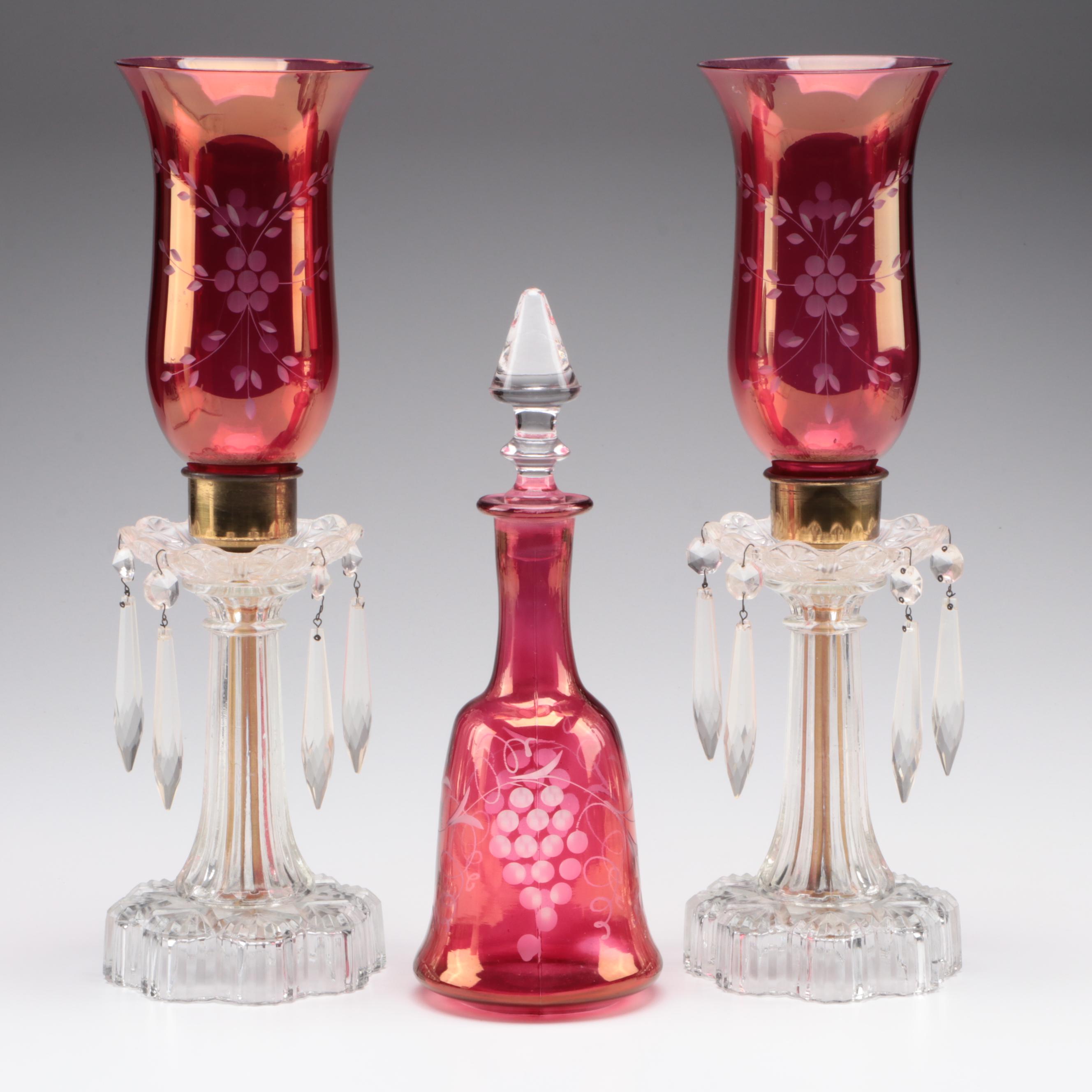 Etched Ruby Flashed Decanter and Hurricane Candle Holders EBTH