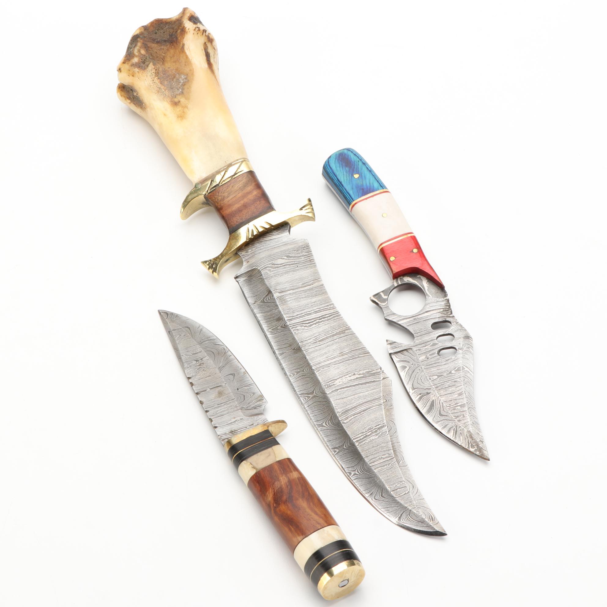 Three Damascus Steel, Wood, and Bone Handled Fixed Blade Knives with