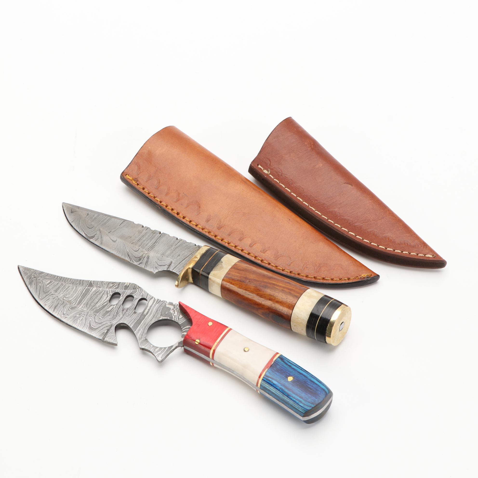 Three Damascus Steel, Wood, and Bone Handled Fixed Blade Knives with
